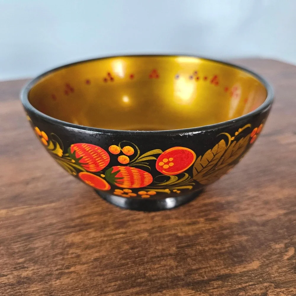 Vintage Russian Khokhloma Hand Painted Wooden Bowl Strawberry Floral Black Gold